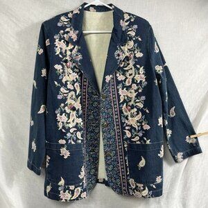 Vintage Floral Denim Jacket‎ Womens M/L Oversized Plus Size 90s Cottage Grandma